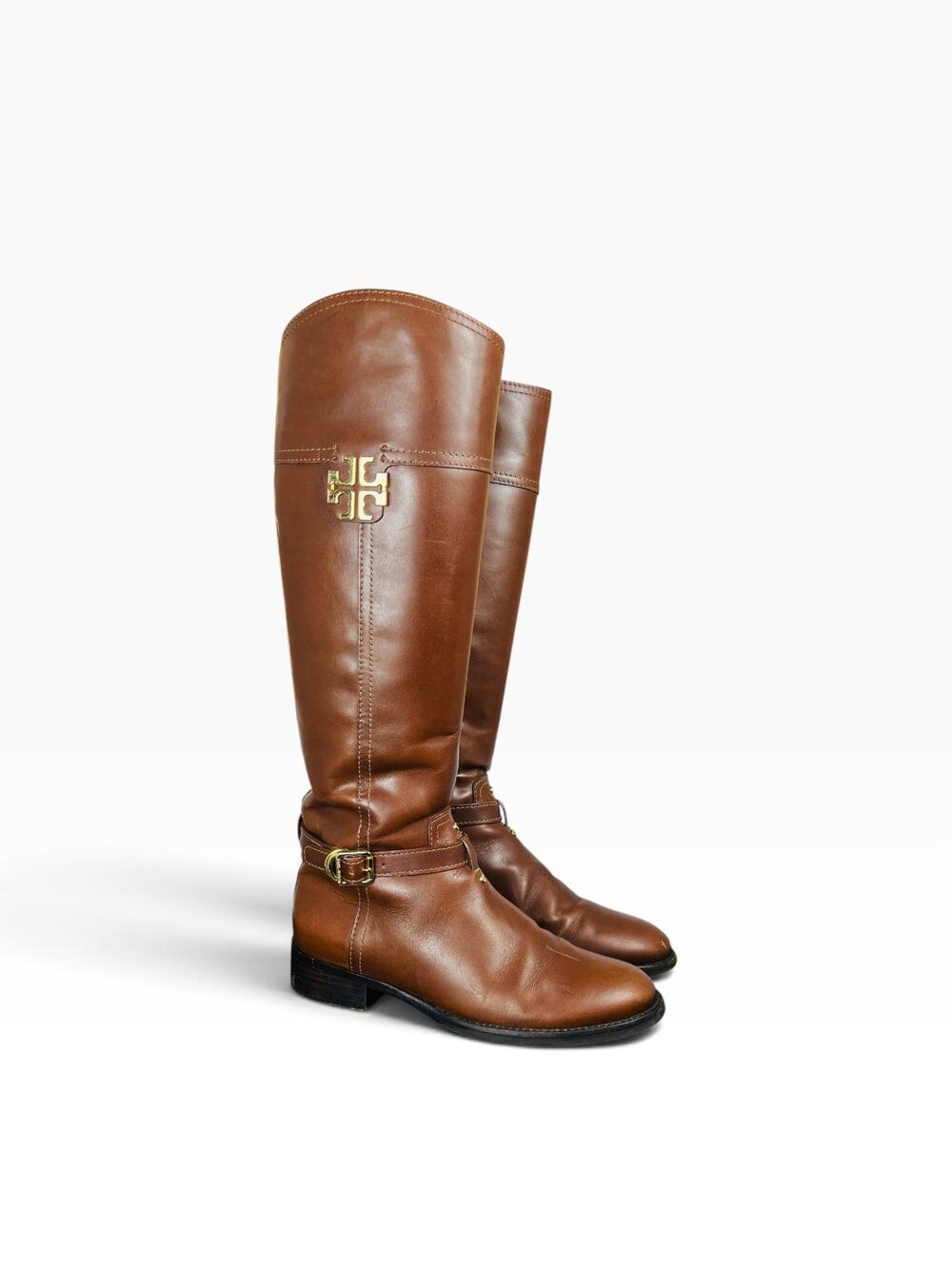 Tory Burch Eloise Riding Boots Almond Brown Leather Double T Logo Knee High 6